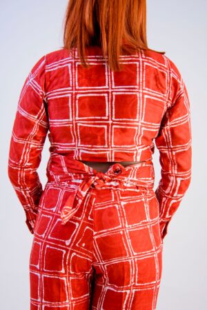 hand printed two piece crop wrap shirt and pants