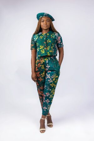 Green butterfly print in 2-Piece with French beret