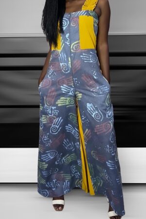 Hand printed cotton/mustard yellow jumpsuit