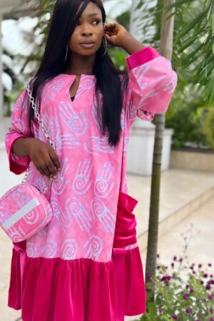 Pink/fushia velvet hand print boubou dress