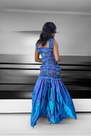Ruffled down dress in liquid silk