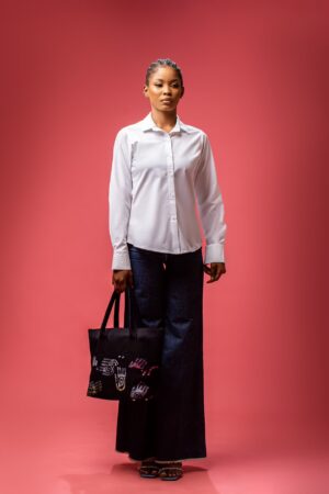 White Long sleeved Shirt with wide-leg denim pants