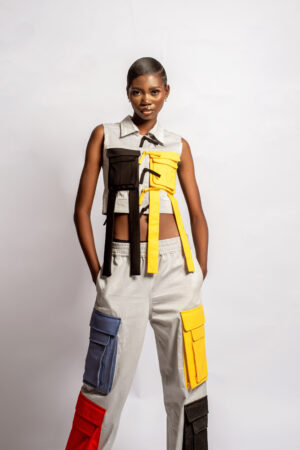 SS24 Look 56 - 2-Piece Cropped Sleeveless Denim Jacket & Cargo Pants