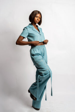 SS24 Look 55 - 2-Piece Cropped PJ Inspired Denim Jacket & Cargo Pants